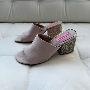 Betsey Johnson Blush Mules with Multicolor Glitter Heel